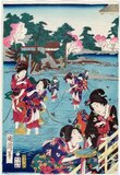 Toyohara Kunichika (Japanese: 豊原 国周; 30 June 1835 – 1 July 1900) was a Japanese woodblock print artist. Talented as a child, at about thirteen he became a student of Tokyo's then-leading print maker, Utagawa Kunisada. His deep appreciation and knowledge of kabuki drama led to his production primarily of ukiyo-e actor-prints, which are woodblock prints of kabuki actors and scenes from popular plays of the time.<br/><br/>

A drinker and womanizer, Kunichika also portrayed women deemed beautiful (bijinga), contemporary social life, and a few landscapes and historical scenes. He worked successfully in the Edo period, and carried those traditions into the Meiji period. To his contemporaries and now to some modern art historians, this has been seen as a significant achievement during a transitional period of great social and political change in Japan's history.